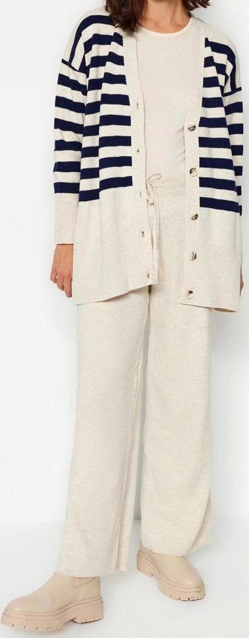 Moda Triko Çizgili V Yaka Düşük Kol Casual Günlük Hırka Pantolon Triko Alt-Üst Takım