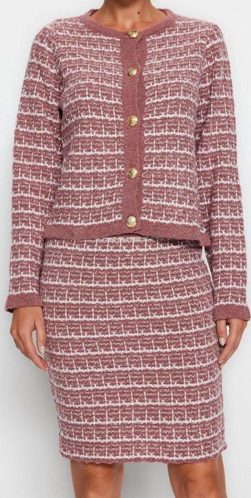 Moda Triko Dokulu Bisiklet Yaka Resmi Örgü Detaylo Hırka-Etek Triko Alt-Üst Takım