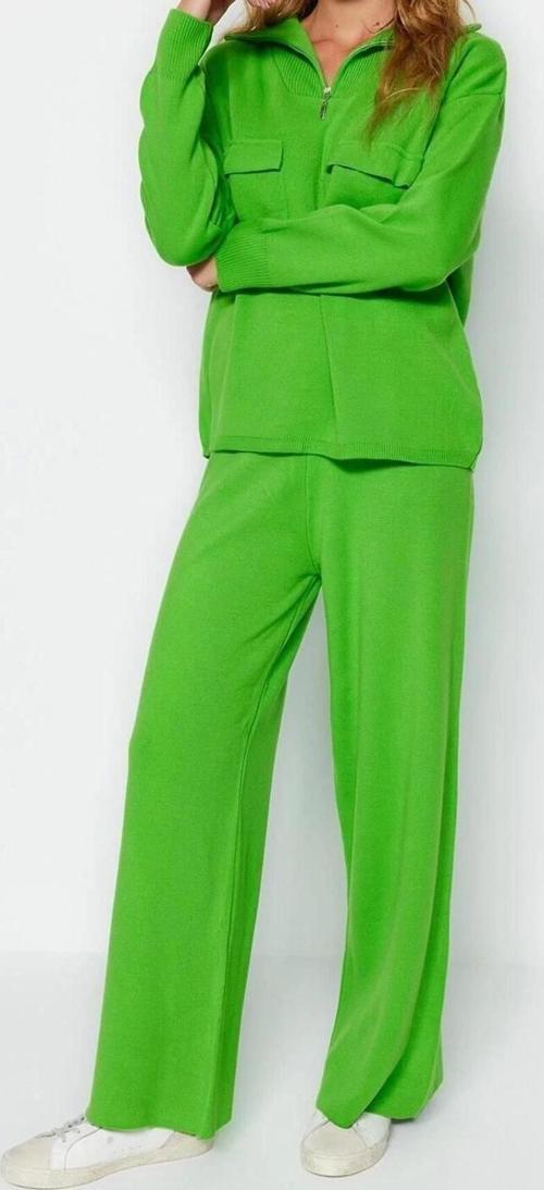 Moda Triko Düz Dik Yaka Düşük Kol Casual Günlük Geniş Kalıp Fermuarlı ve Cepli Triko Alt-Üst Takım