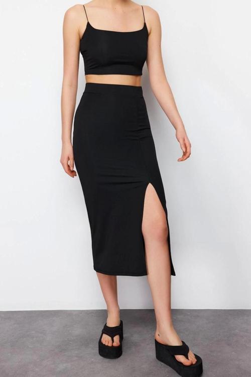 Moda Örme Düz Bisiklet Yaka İnce Askılı Casual Günlük Askılı Alt-Üst Takım