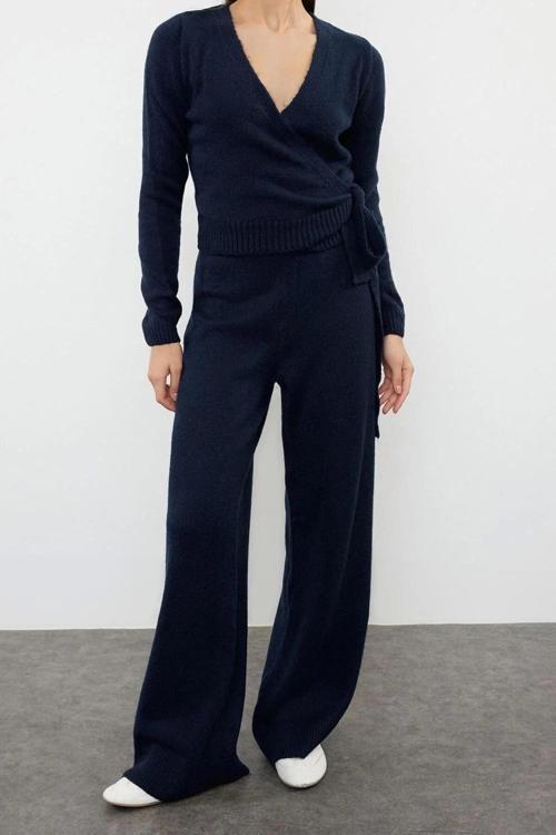 Moda Düz V Yaka Casual Günlük Lila Crop Kruvaze Bağlama Detaylı Triko Alt-Üst Takım