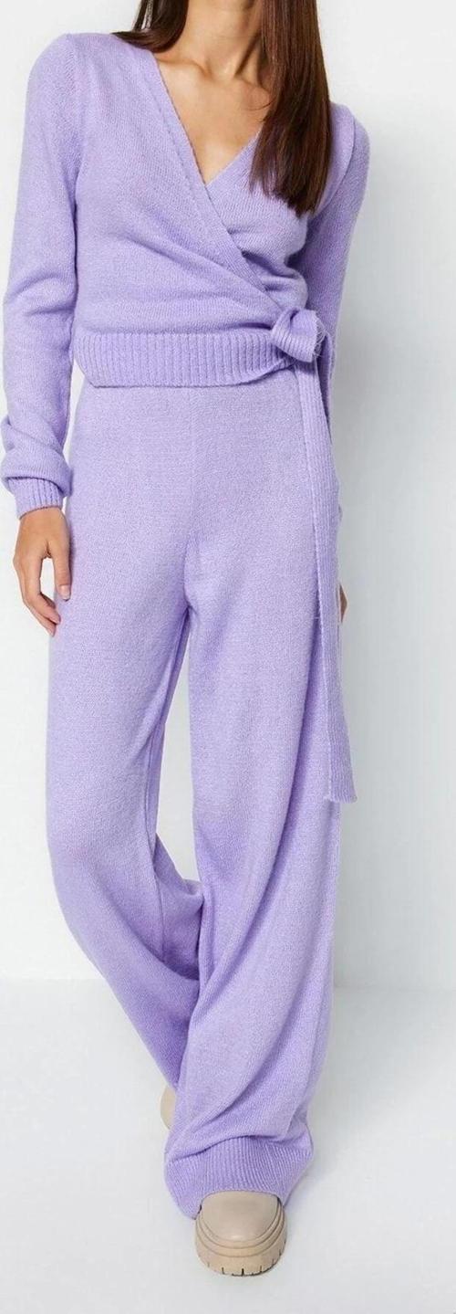 Moda Düz V Yaka Casual Günlük Lila Crop Kruvaze Bağlama Detaylı Triko Alt-Üst Takım