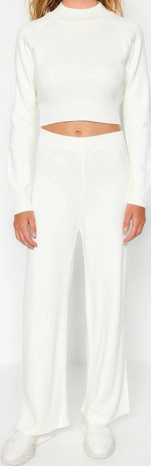 Moda Düz Bisiklet Yaka Reglan Kol Casual Günlük Ekru Crop Basic Triko Alt-Üst Takım