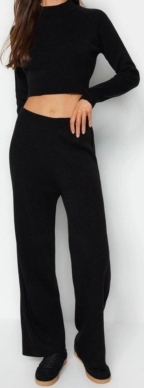 Moda Düz Bisiklet Yaka Reglan Kol Casual Günlük Ekru Crop Basic Triko Alt-Üst Takım