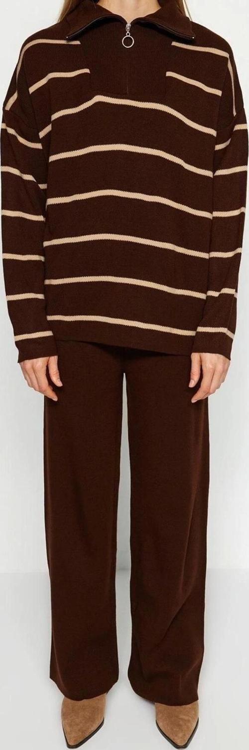 Moda Çizgili Dik Yaka Düşük Kol Casual Günlük Geniş Kalıp Fermuarlı Triko Alt-Üst Takım