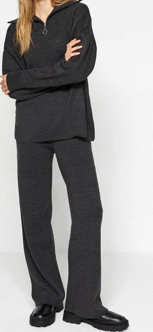 Moda Düz Dik Yaka Düşük Kol Casual Günlük Taş Geniş Kalıp Fermuarlı Triko Alt-Üst Takım