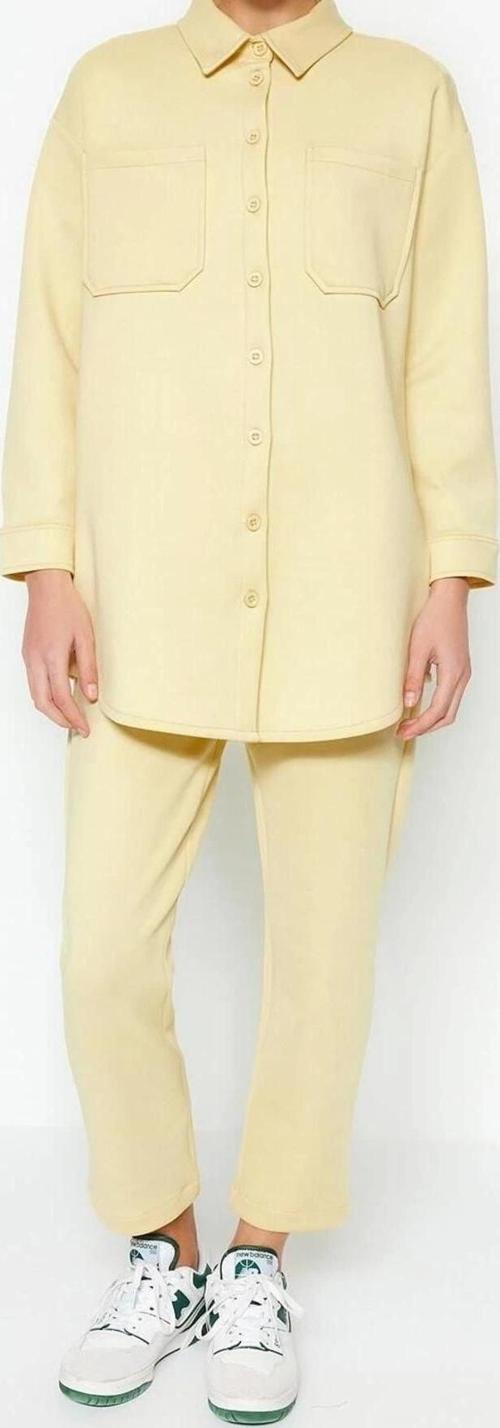 Moda Örme Düz Casual Günlük Açık Yeşil Cep Detaylı Gömlek-Pantolon Örme Takım