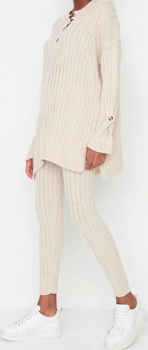 Moda Düz Bisiklet Yaka Düşük Kol Casual Günlük Fitilli Pantolonlu Triko Alt-Üst Takım