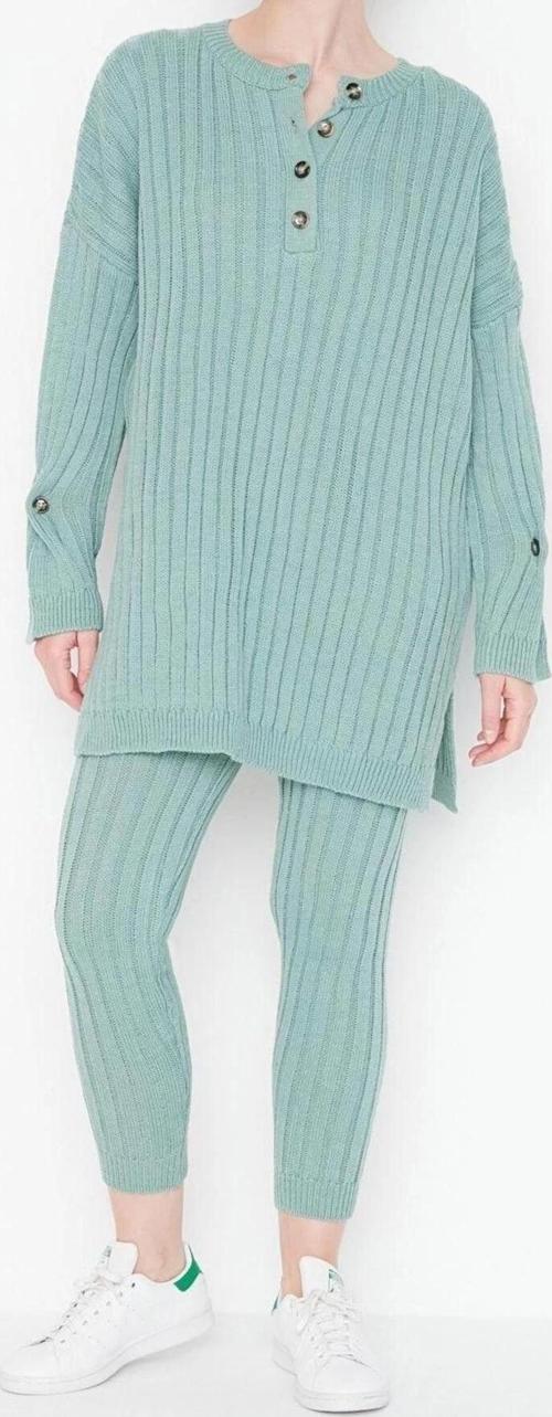 Moda Düz Bisiklet Yaka Düşük Kol Casual Günlük Fitilli Pantolonlu Triko Alt-Üst Takım