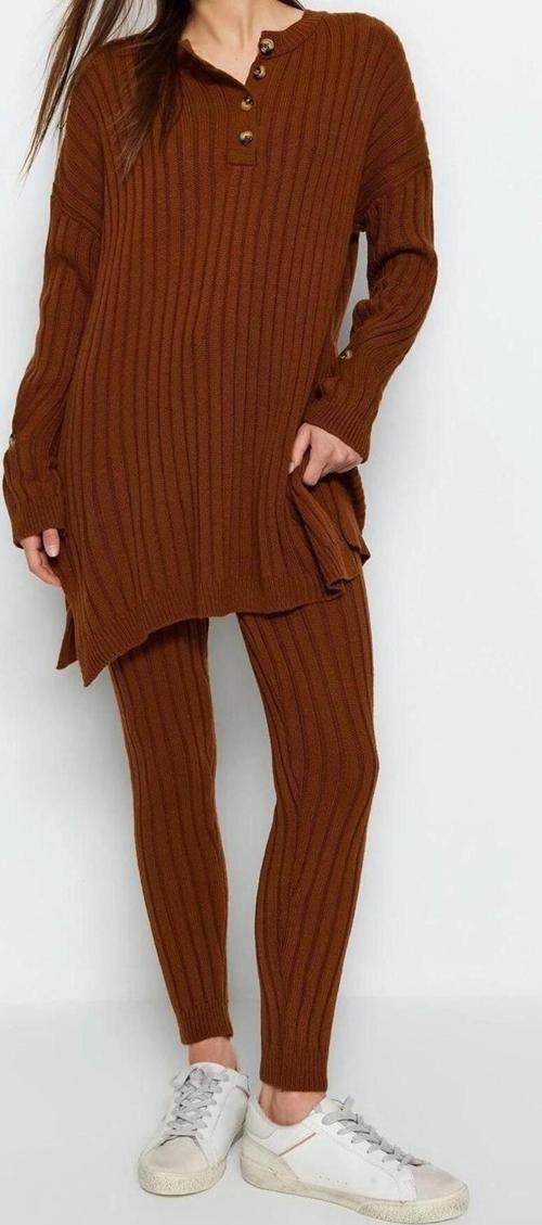 Moda Düz Bisiklet Yaka Düşük Kol Casual Günlük Fitilli Pantolonlu Triko Alt-Üst Takım