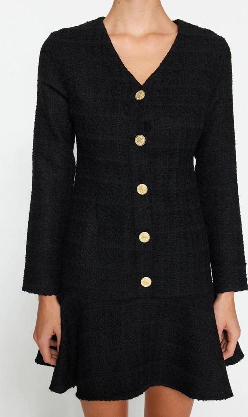 Moda Regular Casual Günlük Tüvit Dokuma V Yaka Uzun Kol Skater Mini Boy Elbise