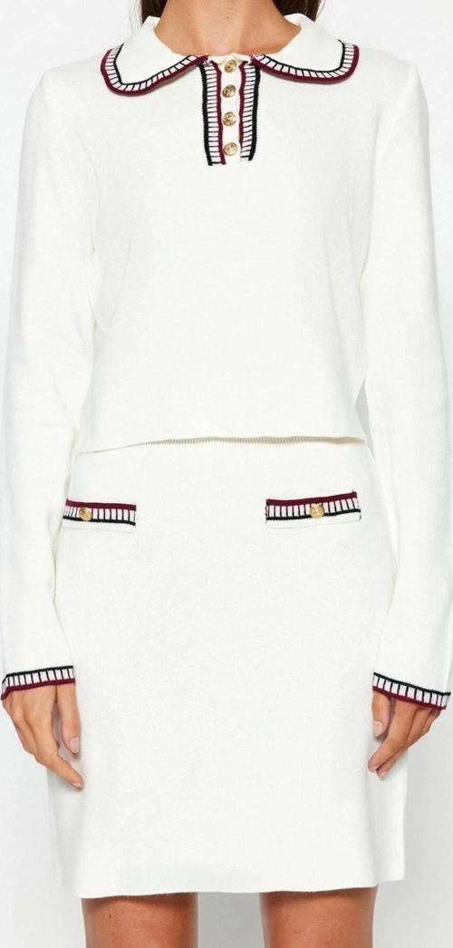Moda Renk Bloklu Polo Yaka Casual Günlük Ekru Renk Bloklu Triko Etekli Alt-Üst Takım