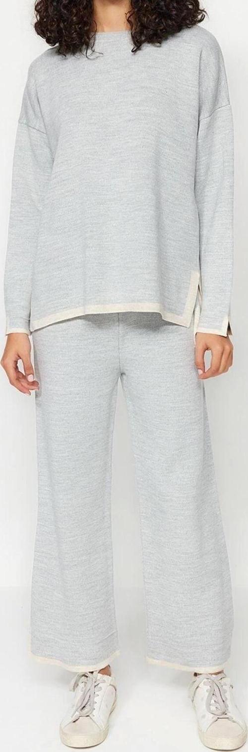 Moda Renk Bloklu Bisiklet Yaka Düşük Kol Günlük Geniş Kalıp Kontrast Renkli Triko Alt-Üst Takım