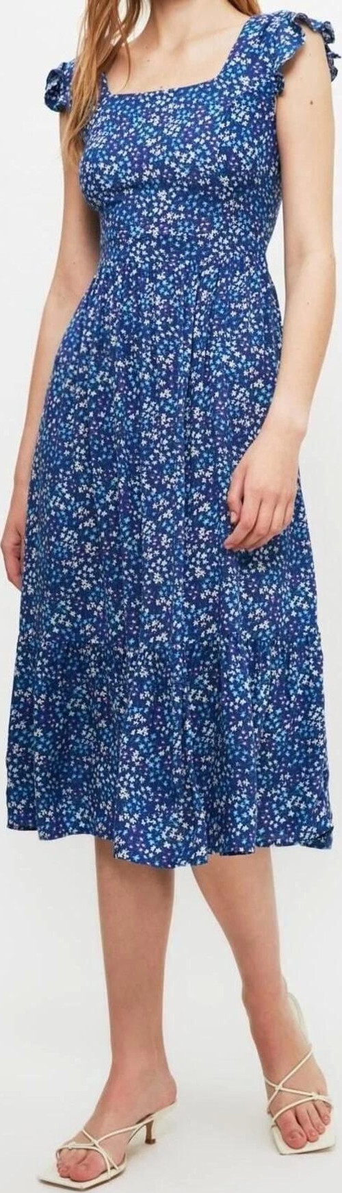 Moda Regular Casual Günlük Shally Dokuma Kare Yaka Kolsuz Kol A-Line Midi Boy Elbise