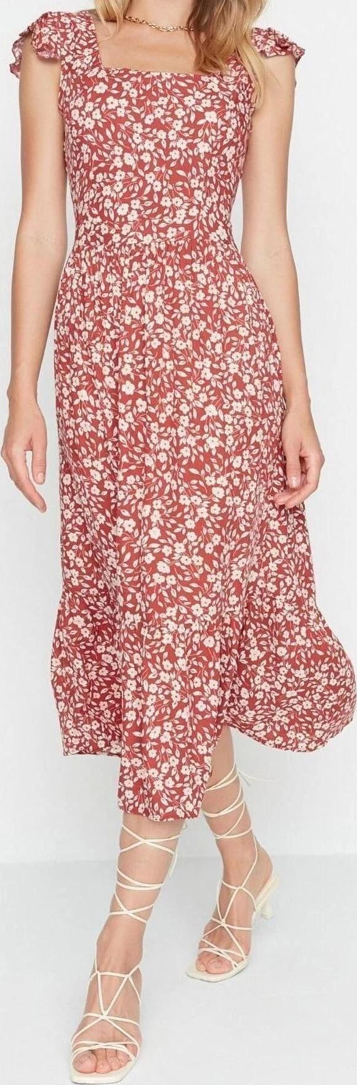 Moda Regular Casual Günlük Shally Dokuma Kare Yaka Kolsuz Kol A-Line Midi Boy Elbise