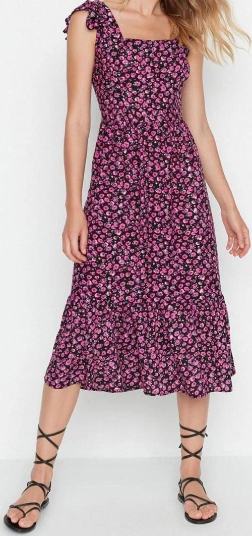 Moda Regular Casual Günlük Shally Dokuma Kare Yaka Kolsuz Kol A-Line Midi Boy Elbise