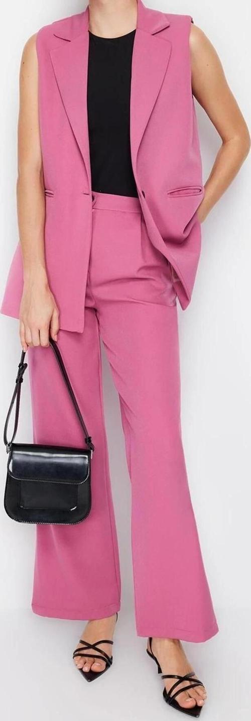 Moda Ceket Yaka Resmi Lila Regular Kalıp Yelek ve Wide Leg Geniş Paça Pantolon Dokuma Alt-Üst Takım