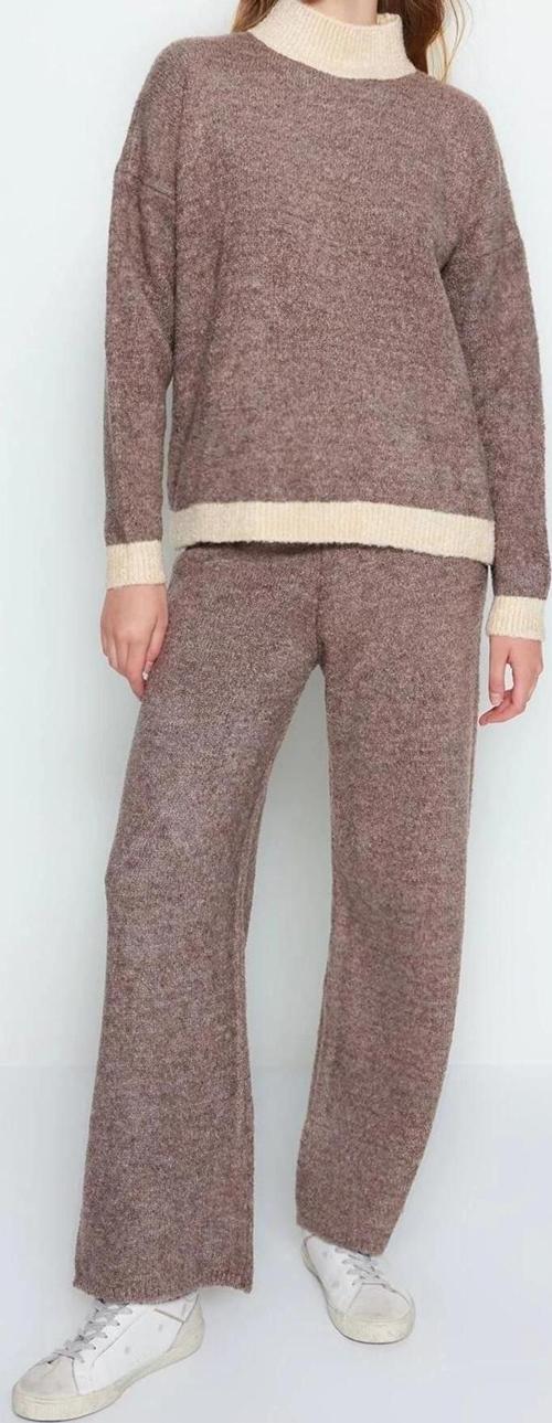 Moda Renk Bloklu Dik Yaka Düşük Kol Casual Günlük Gri Buklet İplikli Triko Alt-Üst Takım