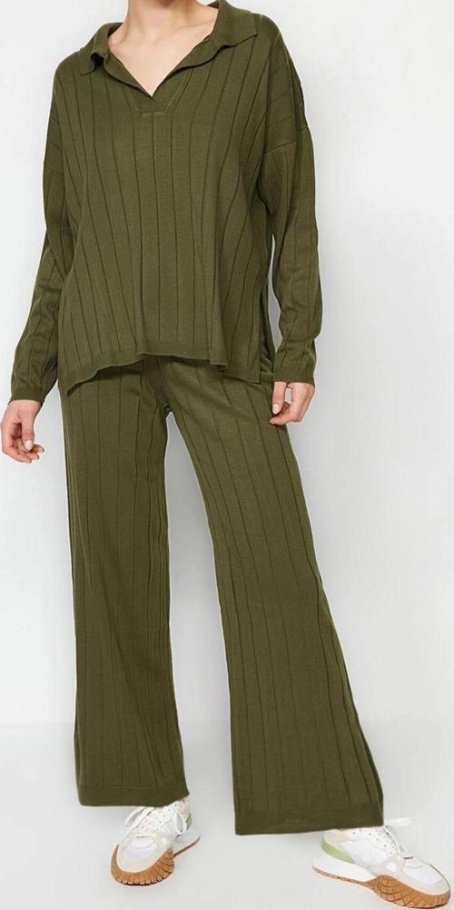 Moda Triko Düz Polo Yaka Düşük Kol Casual Günlük Oversize Triko Alt-Üst Takım