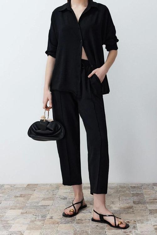 Moda Gömlek Yaka Düşük Kol Casual Günlük Gri Gömlek Pantolon Aerobin Dokuma Alt&Üst Alt-Üst Takım