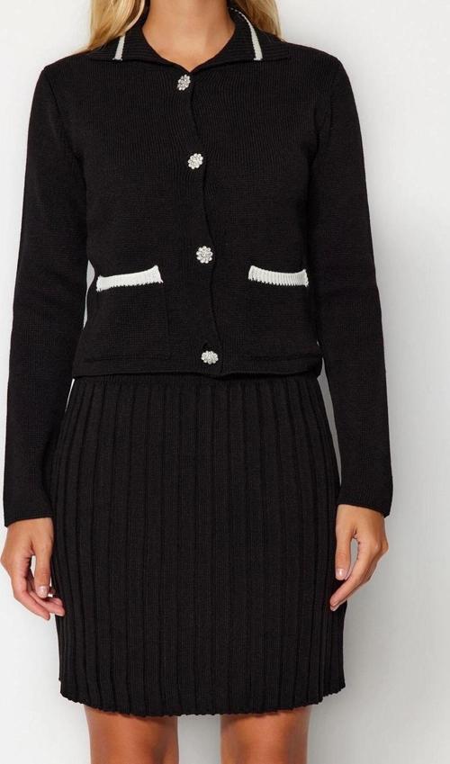 Moda Triko Renk Bloklu Polo Yaka Casual Günlük Taş Crop Cep Detaylı Mini Etekli Triko Alt-Üst Takım
