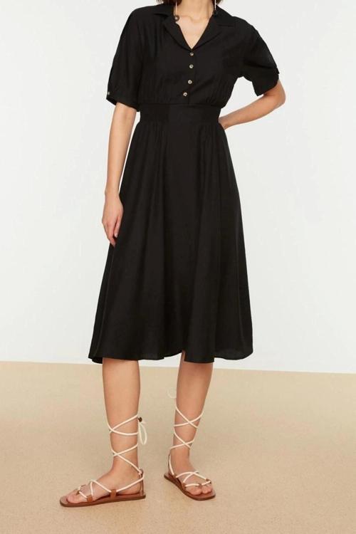 Moda Regular Casual Günlük Aerobin Dokuma Gömlek Yaka Kısa Kol Skater Midi Boy Elbise