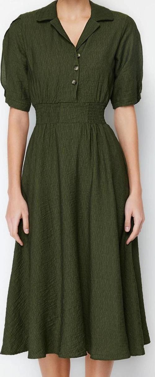 Moda Regular Casual Günlük Aerobin Dokuma Gömlek Yaka Kısa Kol Skater Midi Boy Elbise