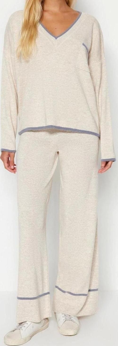 Moda Renk Bloklu V Yaka Düşük Kol Günlük Ekstra Geniş Kalıp Tüylü İplik Garnili Triko Alt-Üst Takım