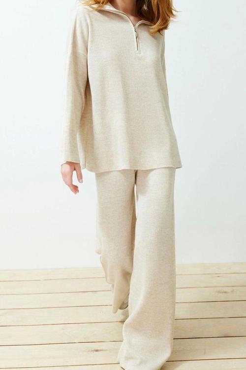Moda Düz Dik Yaka Casual Günlük Ekru Rahat Kesim Dik Yaka Basic Triko Alt-Üst Takım