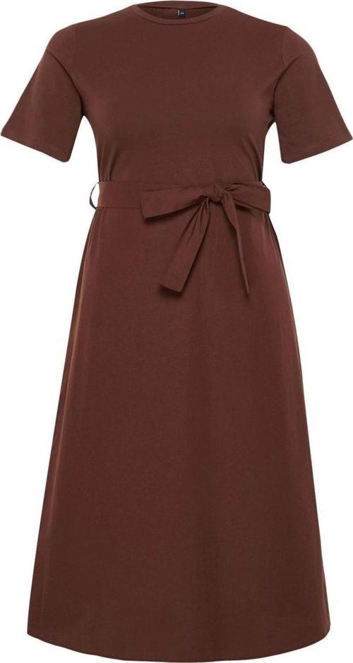 Moda Fit Casual Günlük Süprem Dokuma Bisiklet Yaka Kısa Kol A-Line Midi Boy Büyük Beden Elbise