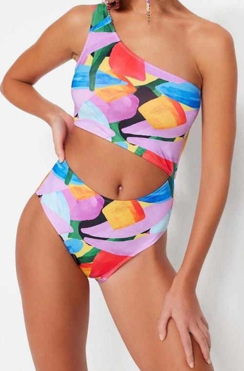 Kadın Moda Kapsız Askılı Halter Yaka Soyut Desenli Tek Omuz Regular Mayokini
