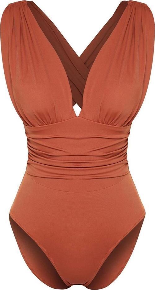 Kadın Moda Sabit Kap Askılı Brief Yaka Kiremit Derin Dekolteli Drapeli Regular Mayo