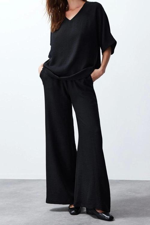 Moda Dokuma Dokulu V Yaka Casual Günlük V Yaka Bluz Pantolon Dokuma Alt-Üst Takım