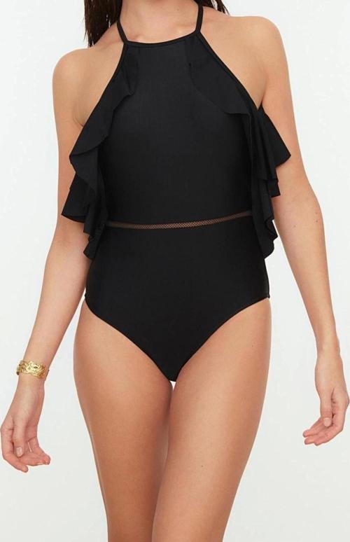 Kadın Moda Sabit Kap Askılı Halter Yaka Siyah Halter Yaka Fırfırlı Regular Mayo