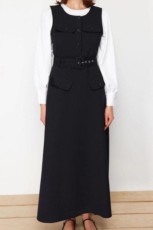 Moda Regular Casual Günlük Gabardin Dokuma U Yaka Kolsuz Kol Jile Maxi Boy Tesettür Elbise