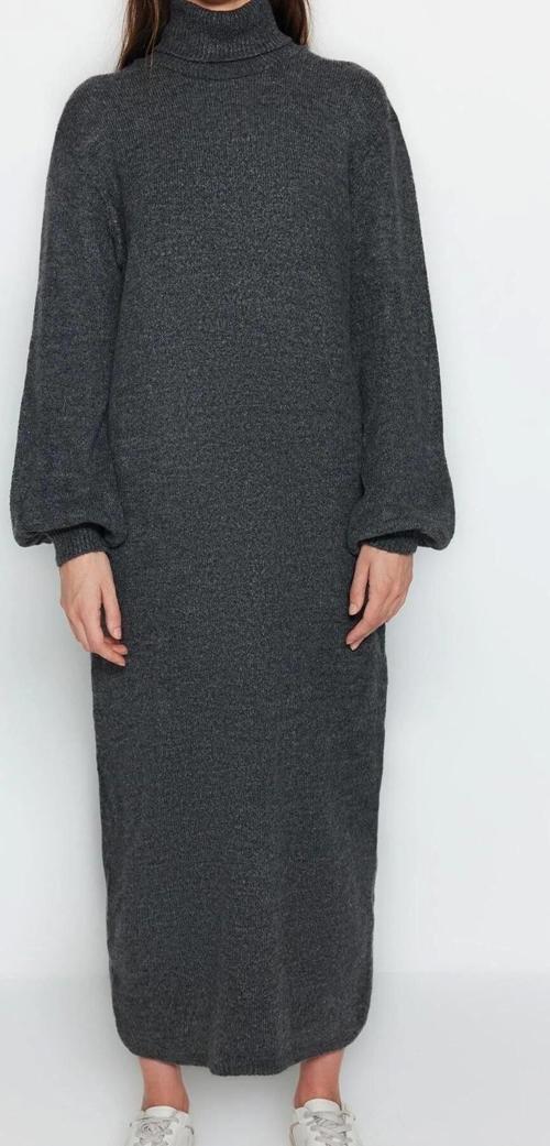 Moda Regular Casual Günlük Tek Plaka Triko Balıkçı Yaka Uzun Kol Shift Midi Boy Elbise