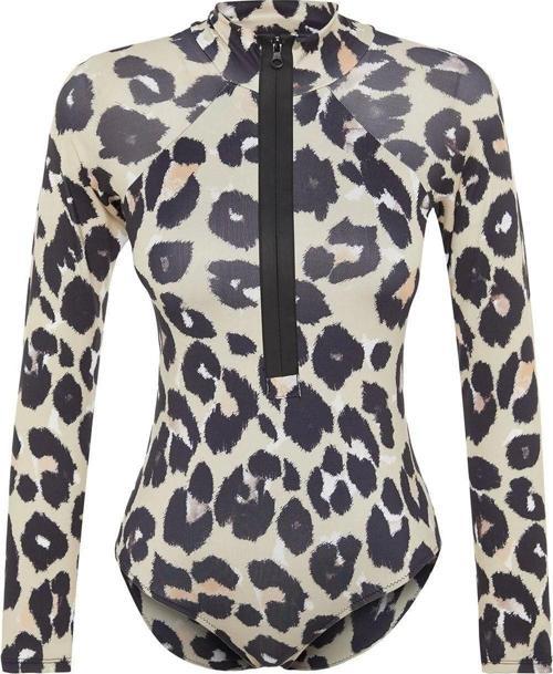 Kadın Moda Kapsız Uzun Brief Yaka Hayvan Desenli Yüzücü Fermuarlı Uzun Kollu Regular Mayo