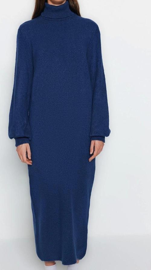 Moda Regular Casual Günlük Tek Plaka Triko Balıkçı Yaka Uzun Kol Shift Midi Boy Elbise