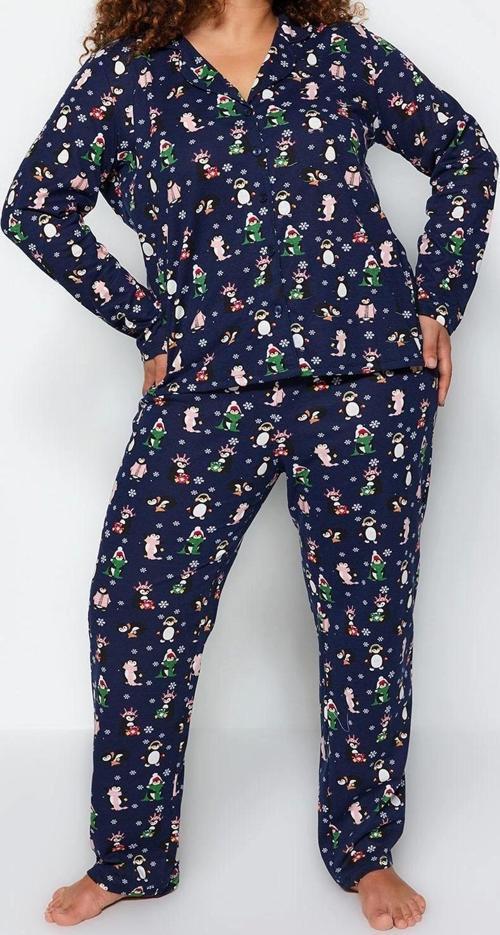 Tarz Rahat Büyük Beden Uzun Kollu Boru Paça Yılbaşı Temalı Örme Pijama Takımı