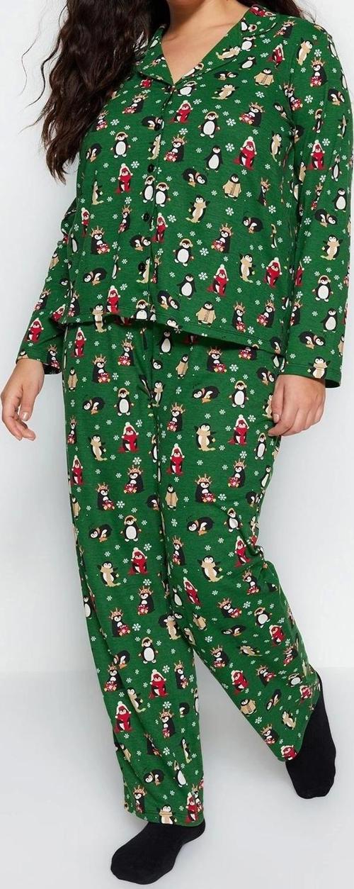 Tarz Rahat Büyük Beden Uzun Kollu Boru Paça Yılbaşı Temalı Örme Pijama Takımı