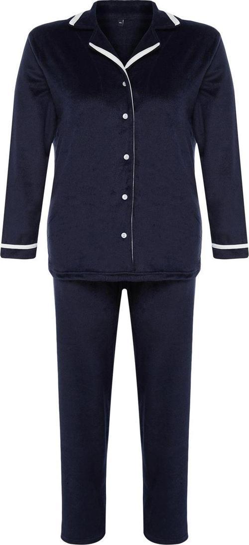 Tarz Rahat Büyük Beden Uzun Kollu Boru Paça Gömlek Yaka Biyeli Polar Örme Pijama Takımı