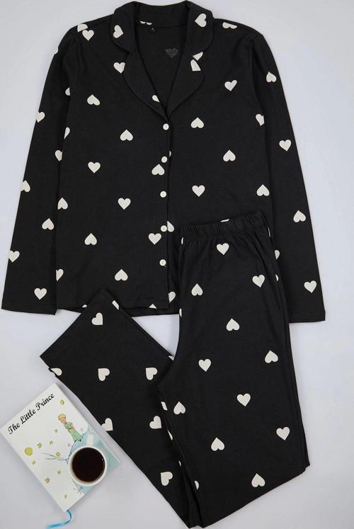 Tarz Rahat Uzun Kollu Boru Paça %100 Pamuklu Kalp Desenli Örme Pijama Takımı