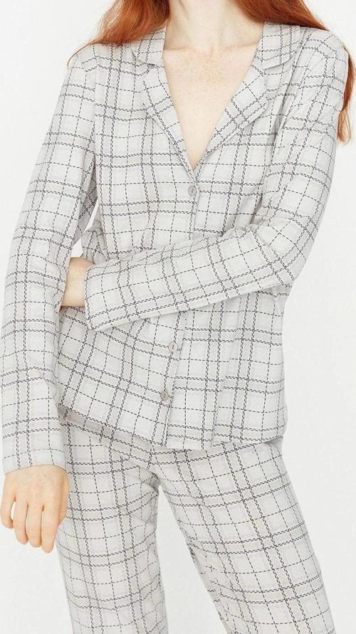 Tarz Rahat Uzun Kollu Boru Paça %100 Pamuklu Ekoseli Örme Pijama Takımı