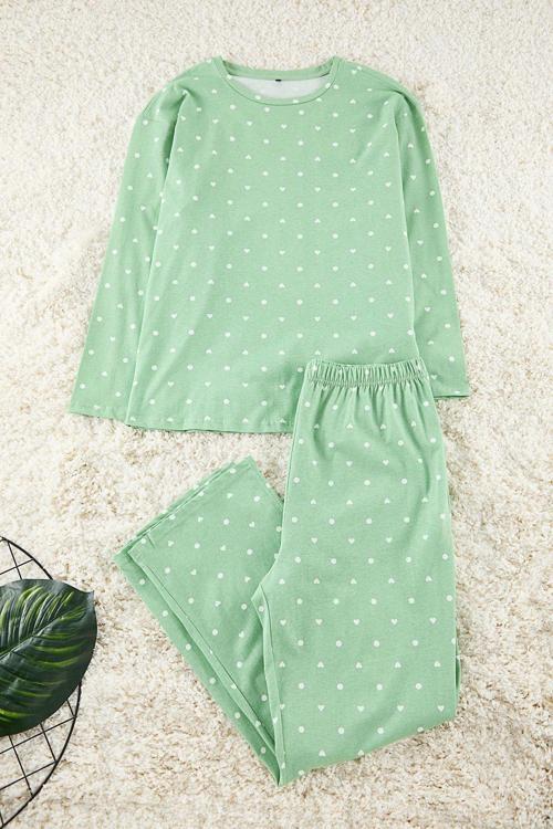 Tarz Rahat Büyük Beden Uzun Kollu Boru Paça Kalp ve Puantiye Desenli Örme Pijama Takımı
