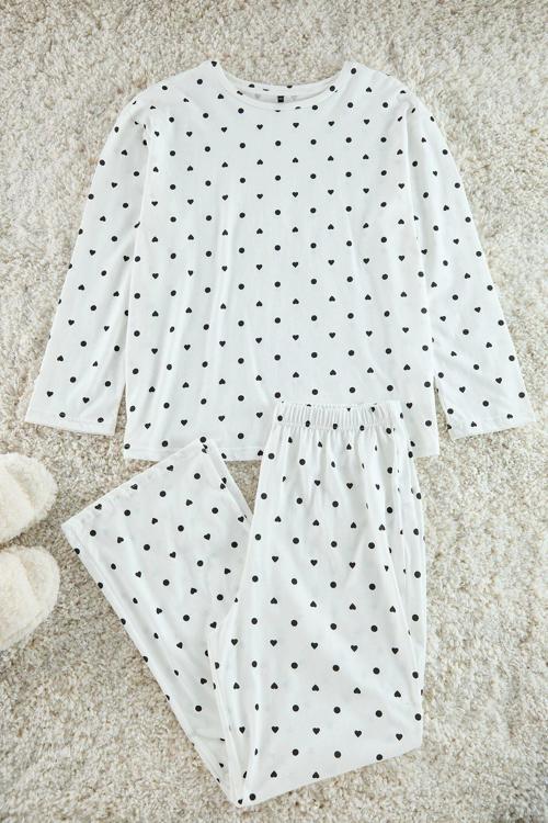 Tarz Rahat Büyük Beden Uzun Kollu Boru Paça Kalp ve Puantiye Desenli Örme Pijama Takımı