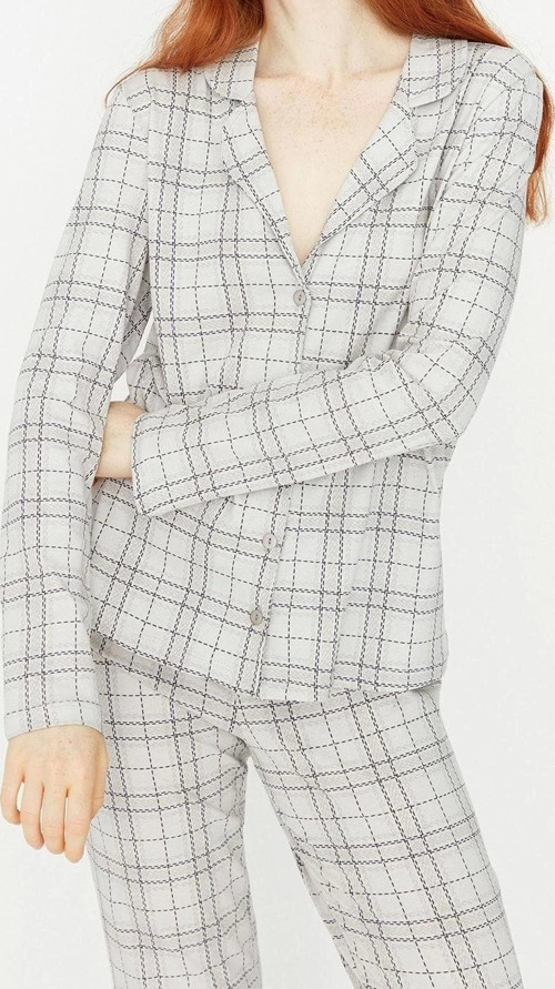 Tarz Rahat Uzun Kollu Boru Paça %100 Pamuklu Ekoseli Örme Pijama Takımı