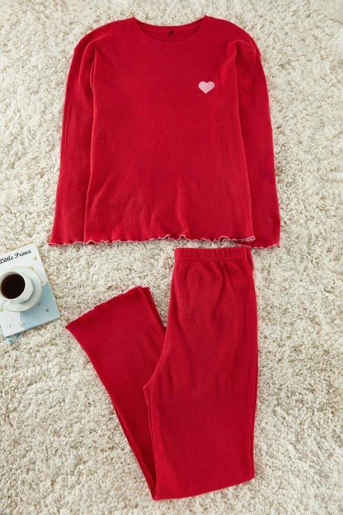 Tarz Rahat Büyük Beden Uzun Kollu Boru Paça Fitilli Baskılı Örme Pijama Takımı