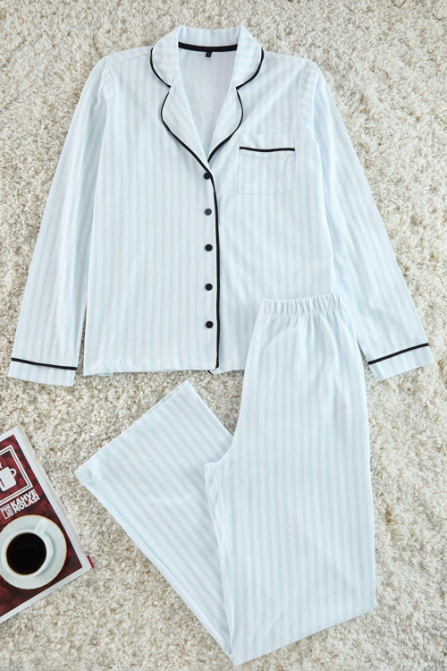 Tarz Rahat Uzun Kollu Geniş Paça %100 Pamuklu Çizgili Biyeli Örme Pijama Takımı