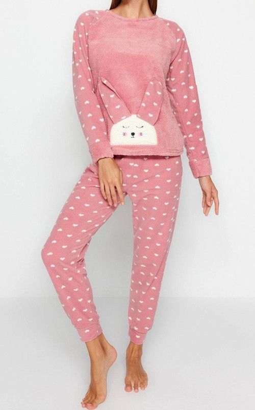 Tarz Rahat Uzun Kollu Boru Paça 3lü Kalpli Uyku Bantlı Polar Kışlık Örme Pijama Takımı