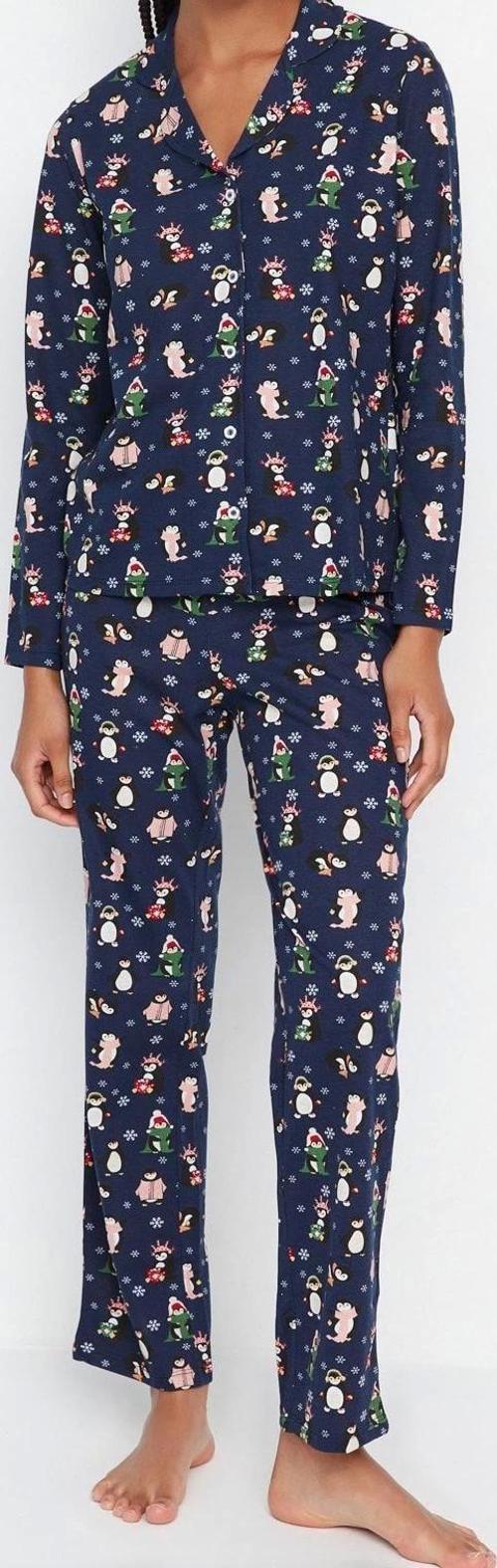Tarz Rahat Uzun Kollu Boru Paça %100 Pamuk Penguen Desenli Kış Temalı Örme Pijama Takımı